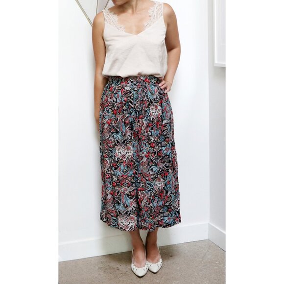 80s Black, Turquoise, Red & Beige Aztec Print Skirt, Side Button Long Flowy Ikat - Picture 3 of 6